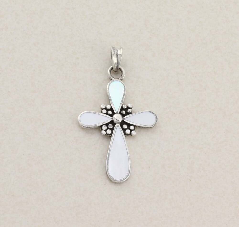 Sterling Silver Mother of Pearl Cross Pendant 1 3/4" x 1" inch